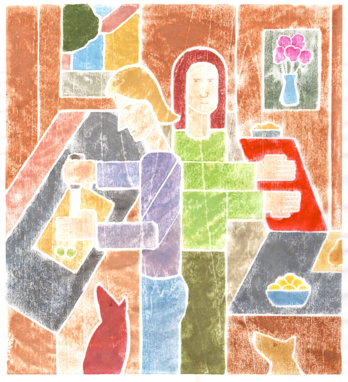 Dinner Prep white-line woodcut